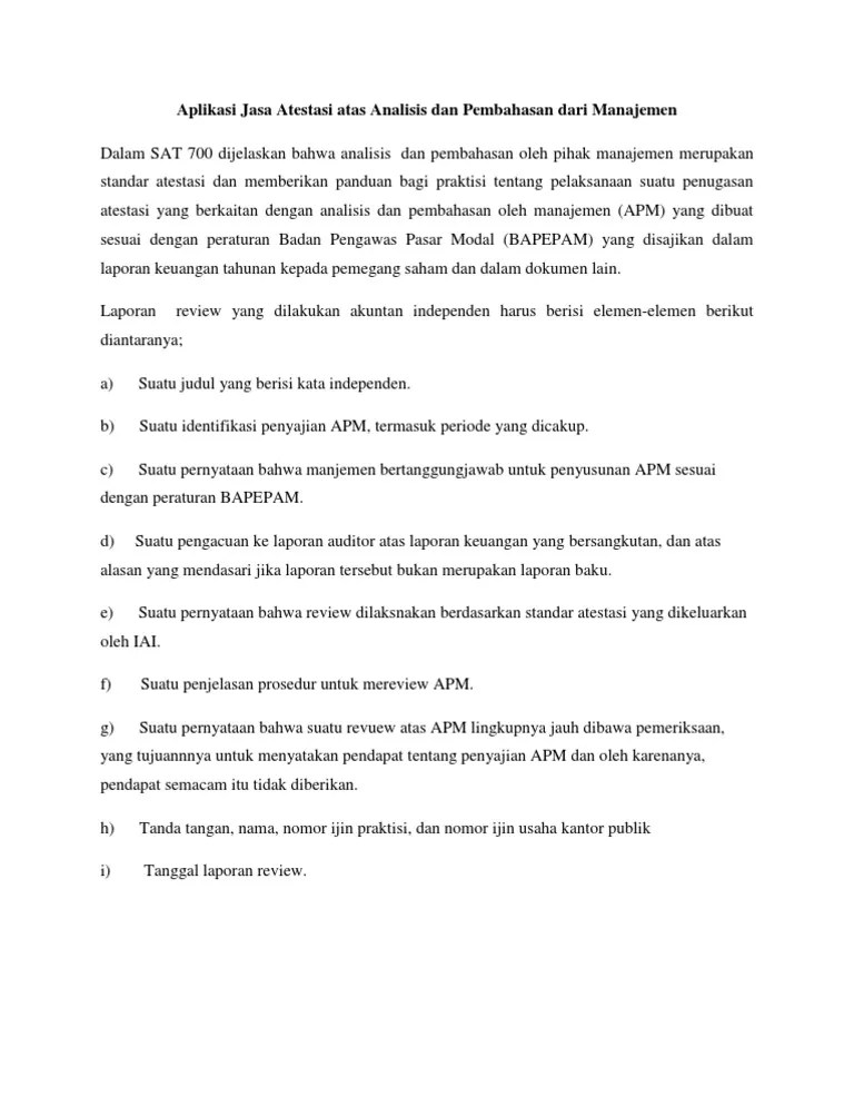 Aplikasi Jasa Atestasi Atas Analisis Dan Pembahasan Dari Manajemen | PDF