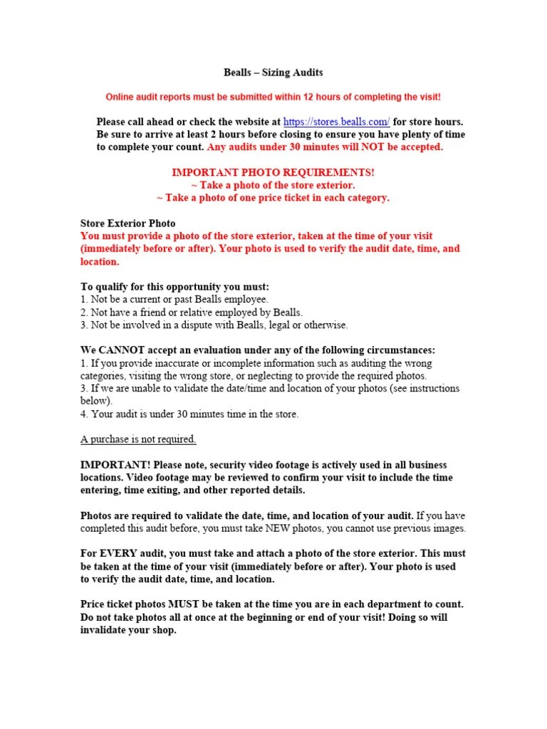 Bealls Sizing Audit Guidelines PDF Mobile App Smartphone