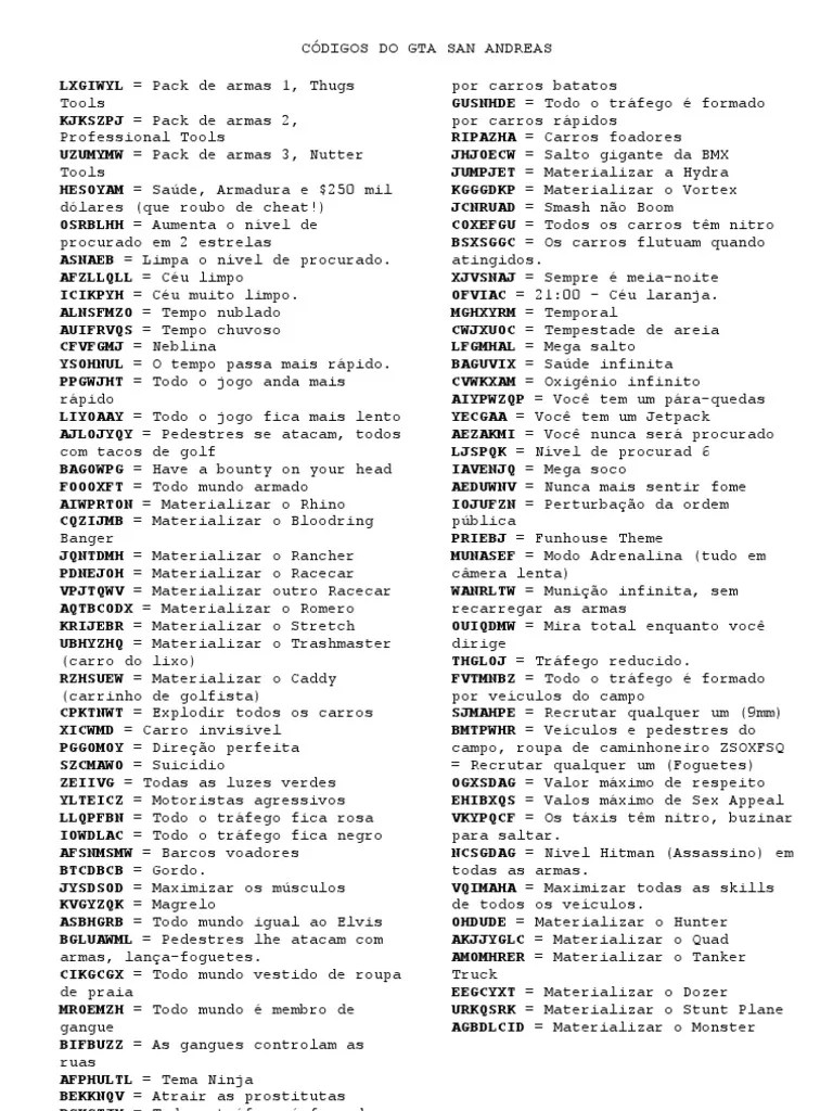 CÓDIGOS DO GTA SAN ANDREAS Lazer Esportes