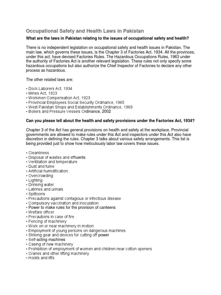 Occupational Safety and Health Laws in Pakistan PDF Occupational