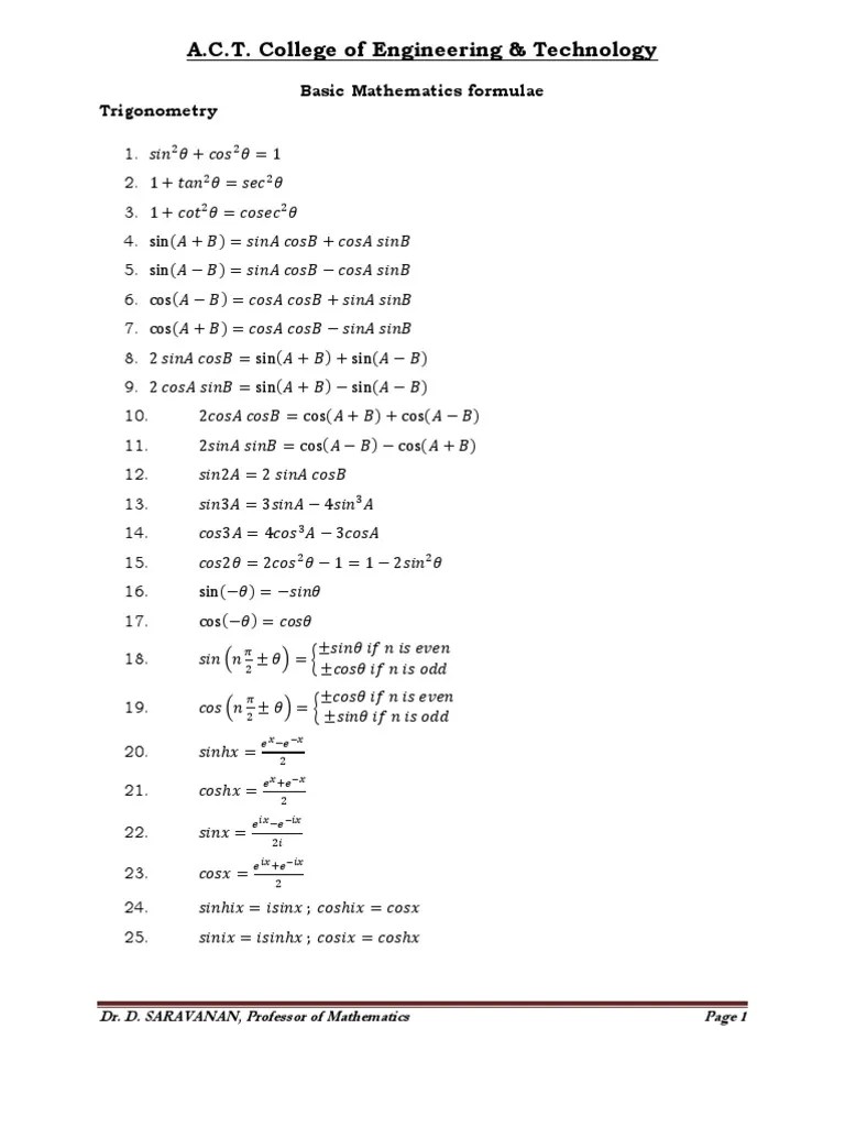A.C.T. College of Engineering & Technology Basic Mathematics Formulae