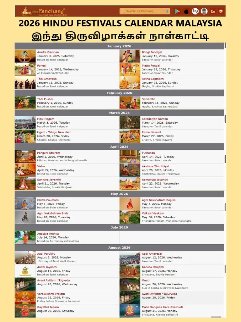 2026 Hindu Festivals Calendar Malaysia PDF