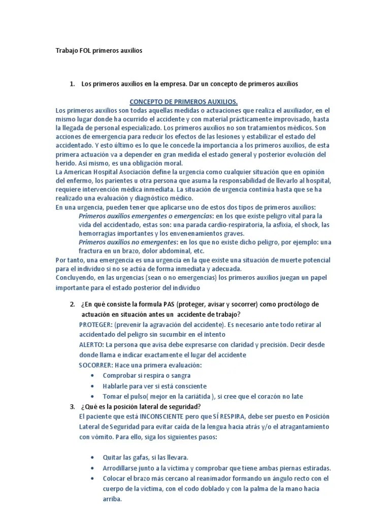 Trabajo FOL Primeros Auxilios Quemar Resucitación cardiopulmonar