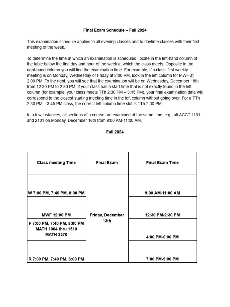 Final Exam Schedule Fall 2024 Pdf Tests