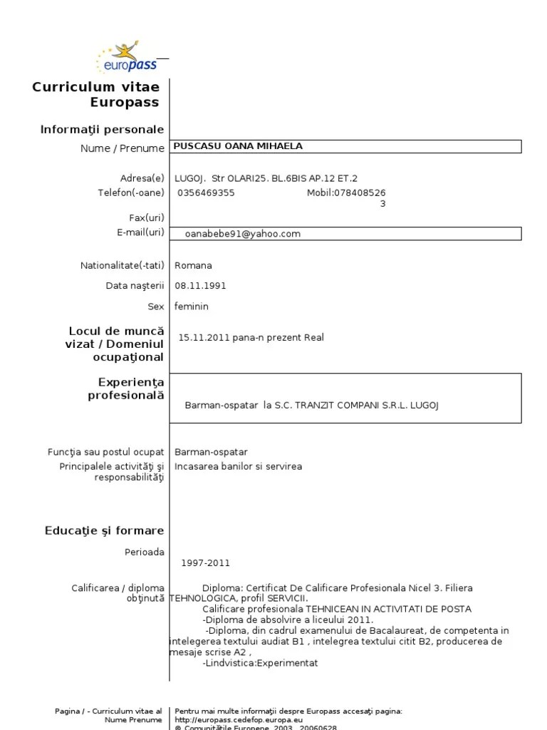 Model CV Curriculum Vitae European Romana PDF
