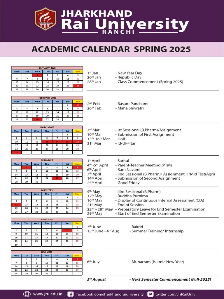 Spring 2025 Academic Calendar PDF Religious Holidays