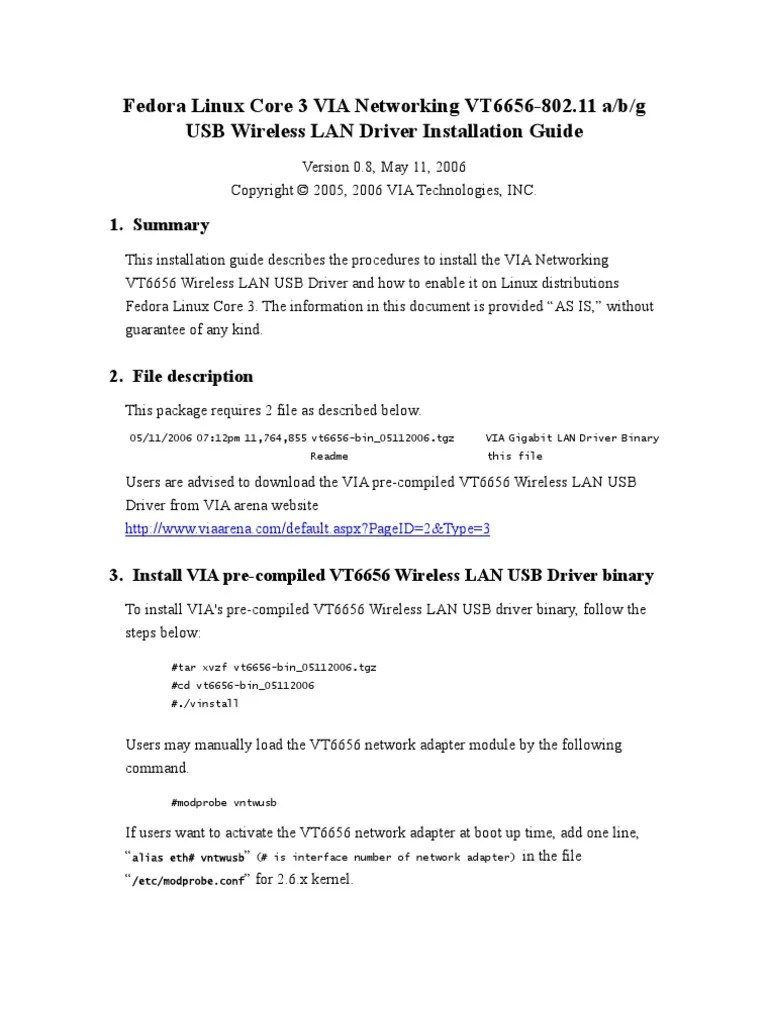 Fedora Linux Core 3 VIA Networking VT6656802.11 A/b/g USB Wireless LAN