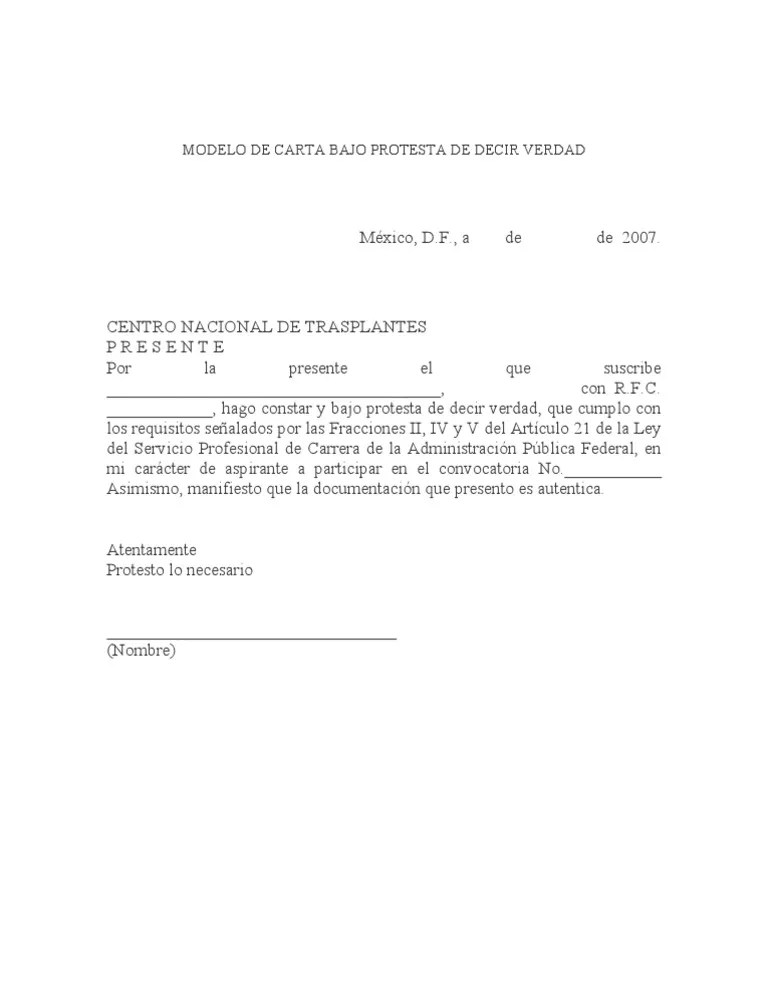Modelo Carta Bajo Protesta Decir Verdad