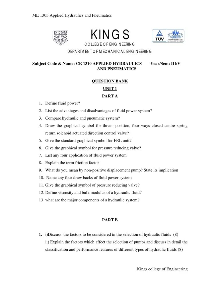 CE1310 Applied Hydraulics & Pneumatics PDF Valve Pneumatics