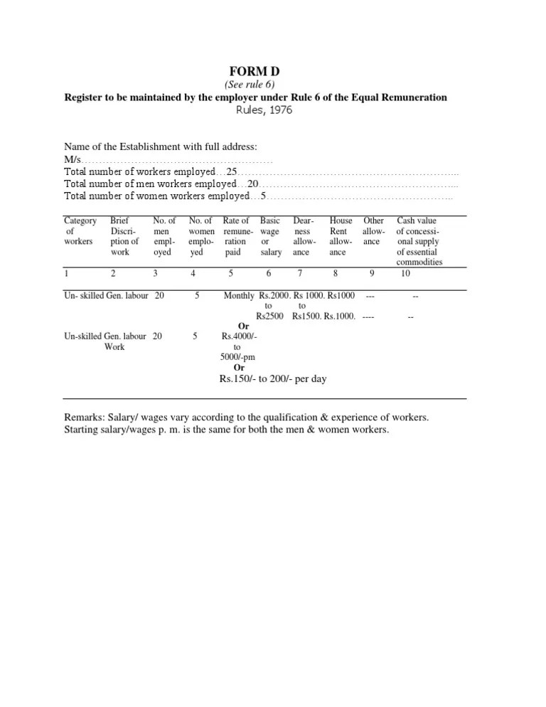 Form D Register To Be Maintained by The Employer Under Rule 6 of The