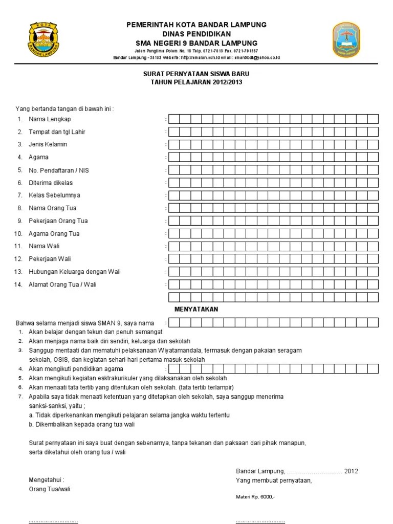 Surat Pernyataan Siswa Baru