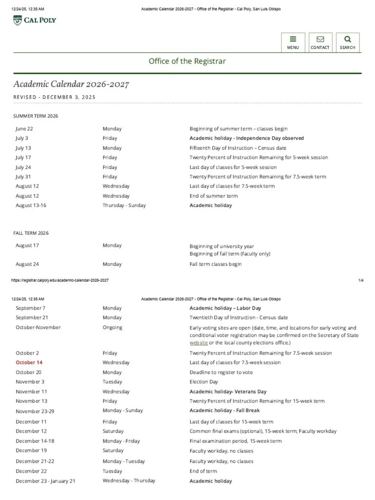 Cal Poly Academic Calendar 20262027 PDF Academic Term Observances