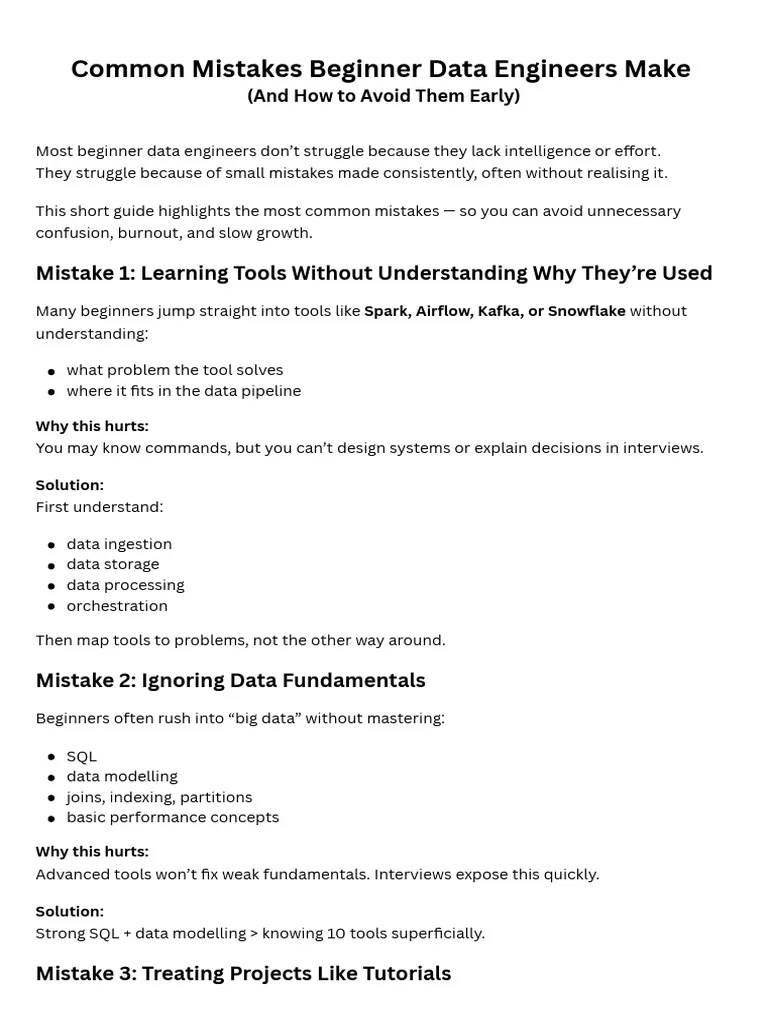 Common Mistakes Beginner Data Engineers Make Pdf Data Information