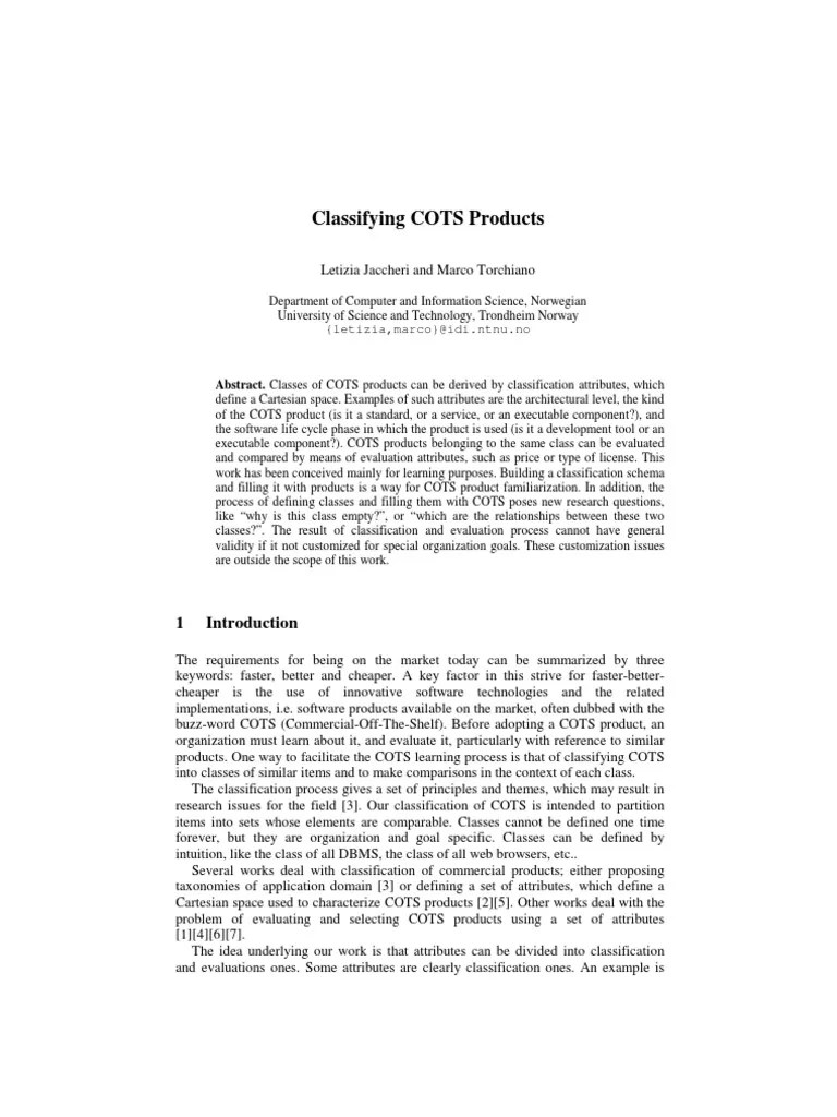 Classifying COTS Products Abstract. Classes of COTS Products Can Be
