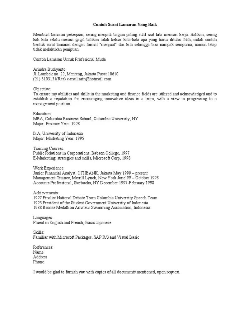 Contoh Surat Lamaran Yang Baik