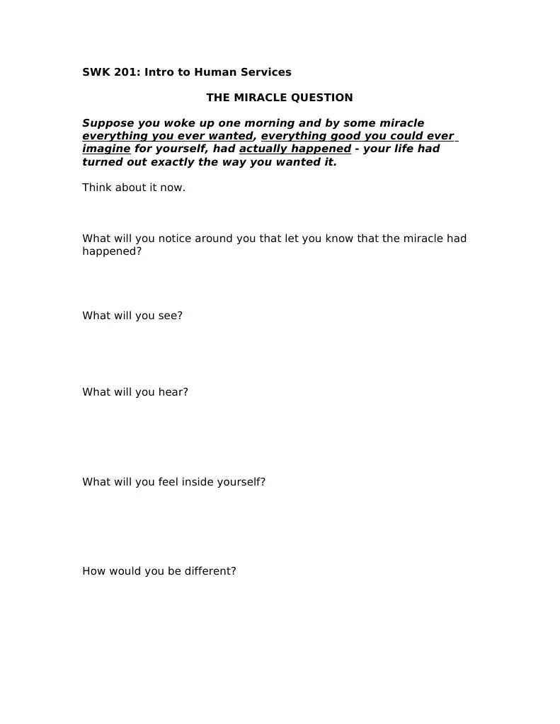 The Miracle Question Worksheet Solution Focused Brief Therapy