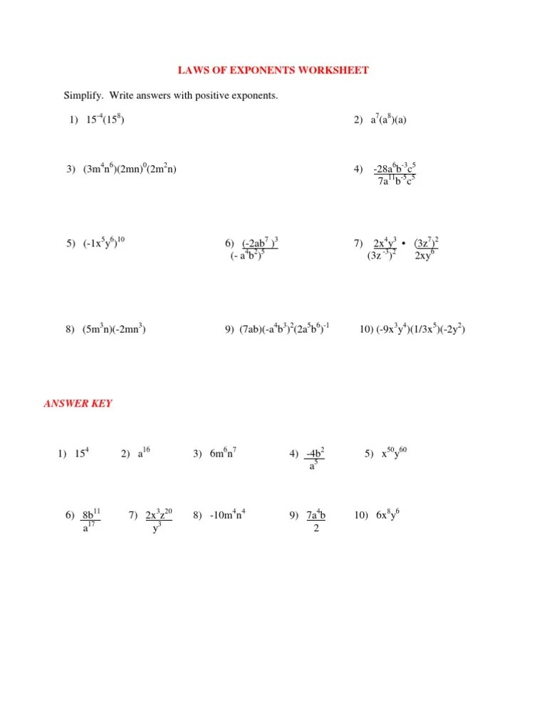 Laws of Exponents Worksheet