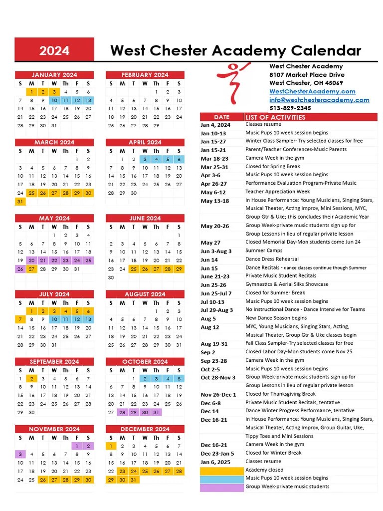 West Chester Academy 2024 Calendar PDF