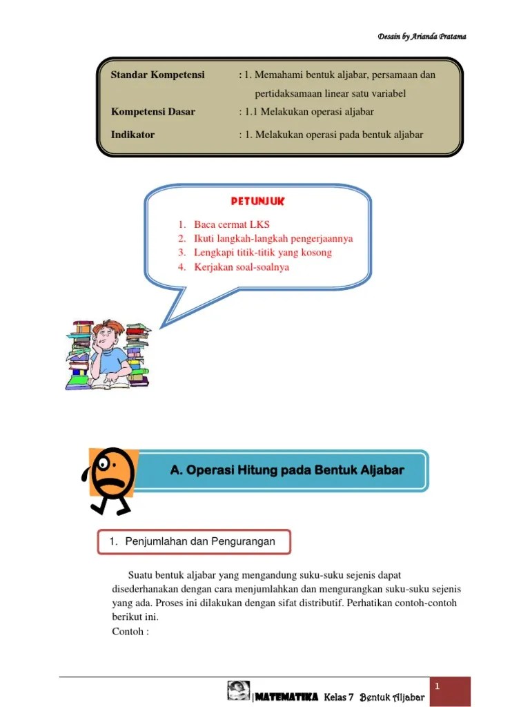Lks Operasi Hitung Bentuk Aljabar Smp Kelas 7 Kurikulum 2013 Seputar