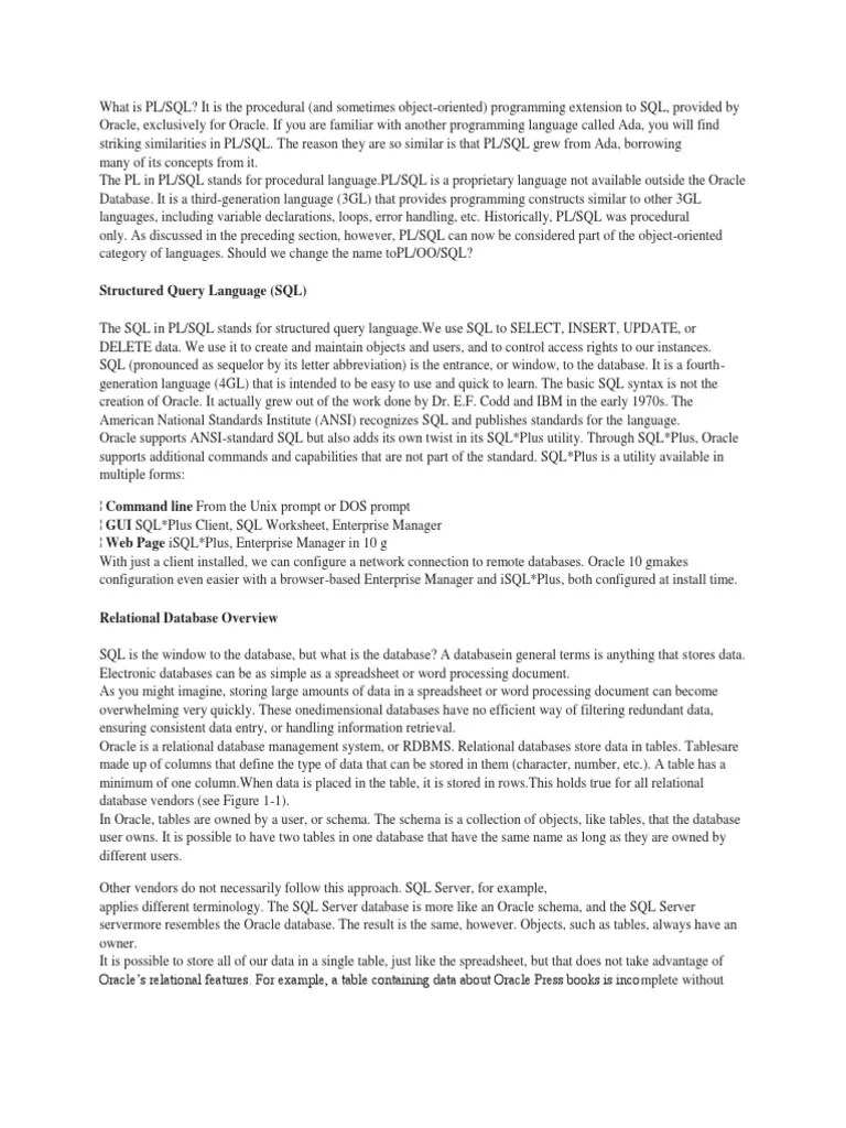 Introduction To SQL PLSQL and Oracle Database History PDF Sql Pl/Sql