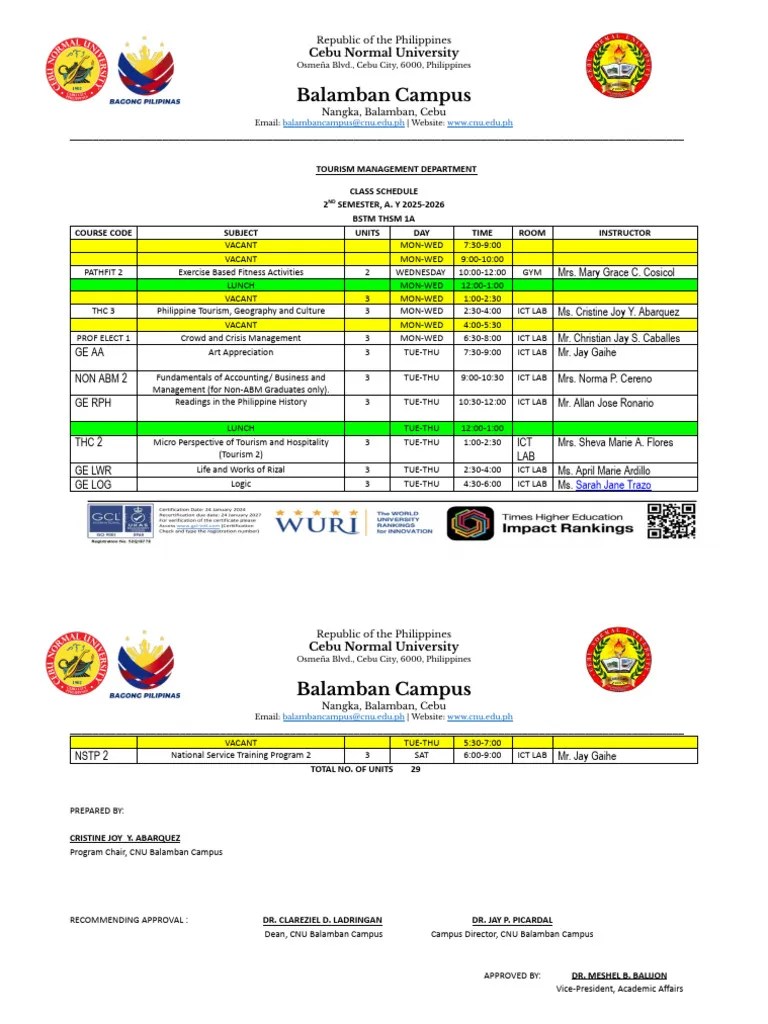 CNU Balamban Tourism Class Schedule 2025-2026 | PDF | Liberal Arts