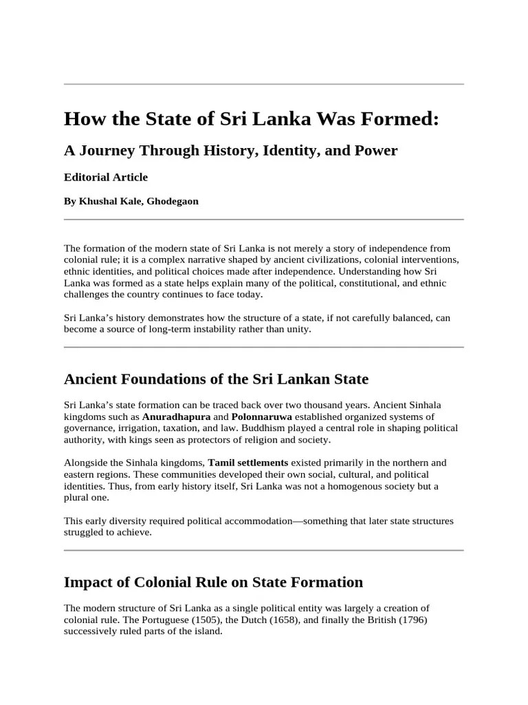 Sri Lanka's State Formation History PDF Sri Lanka Political Science