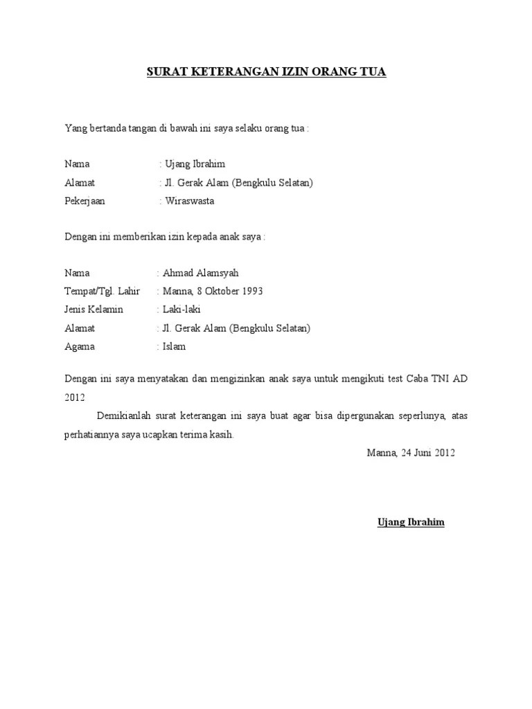 Contoh Surat Izin Orang Tua Untuk Melamar Pekerjaan Surat persetujuan orang tua untuk menjadi
