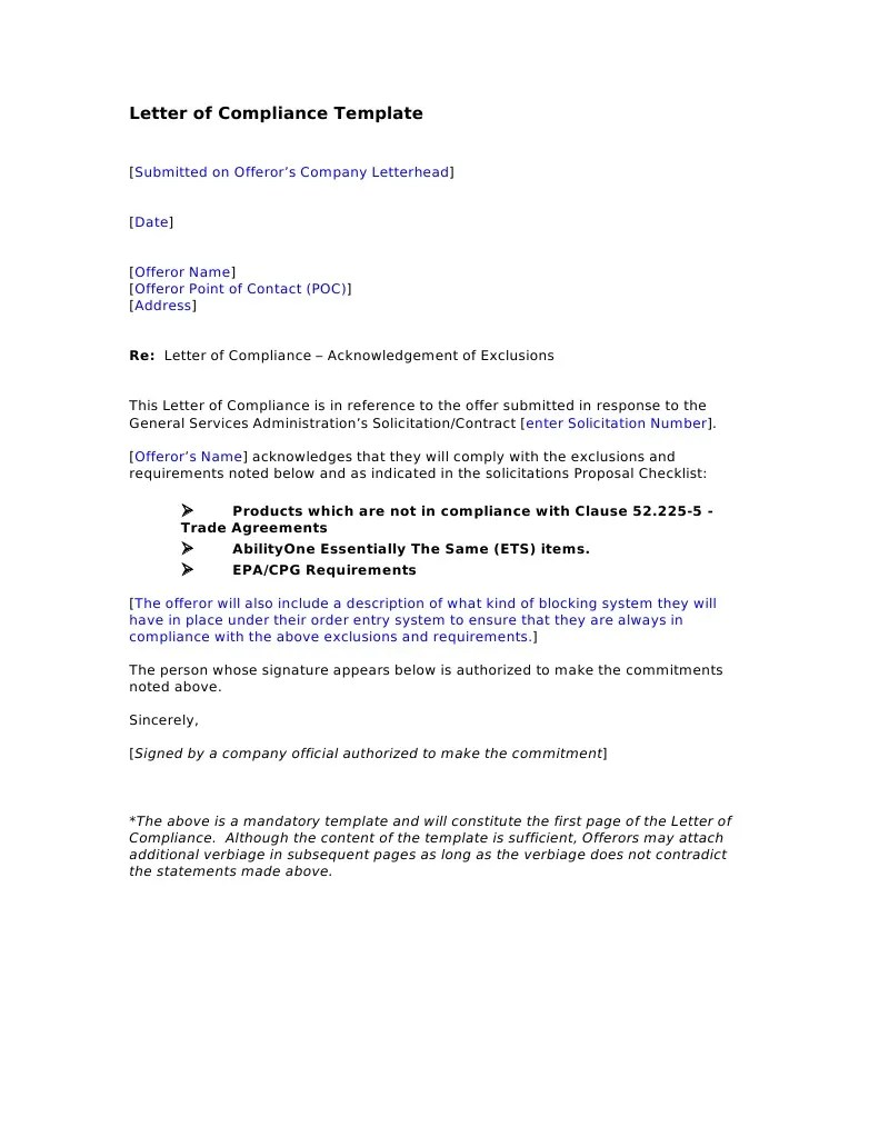 Re Letter of Compliance Acknowledgement of Exclusions