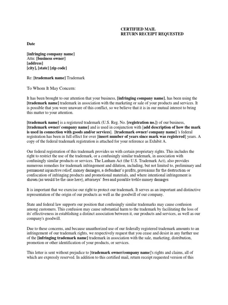 Sample Cease & Desist Letter Trademark Monopoly (Economics) Free