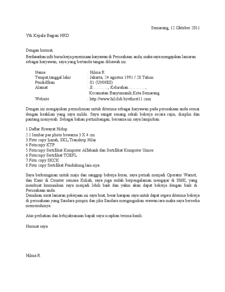 Surat Lamaran Umum Untuk Job Fair (Yg Belum Diketahui Nama Perusahaanya) |  PDF