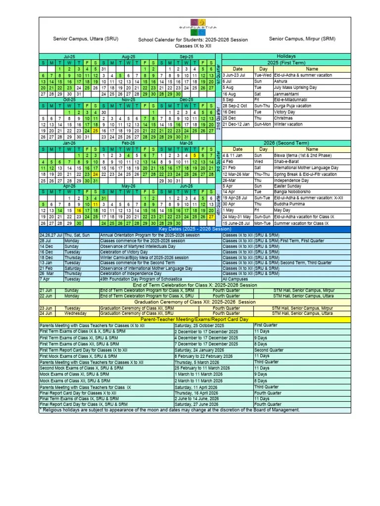 School Calendar 202526 For Students of Classes IX To XII1 PDF