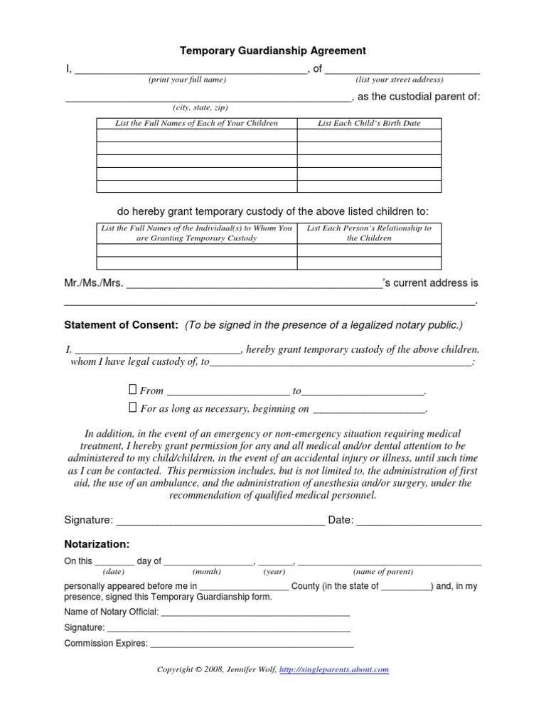 Printable Temporary Custody Agreement