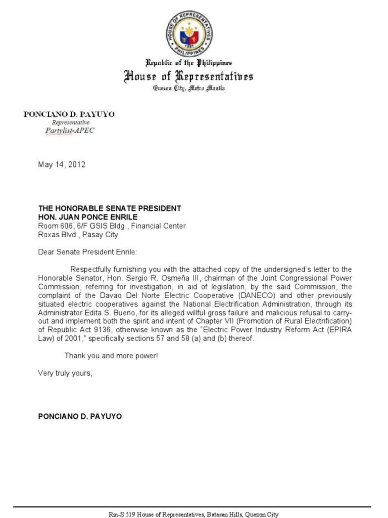 Copy Furnish of Letter to Jcpc Sen. Osmena