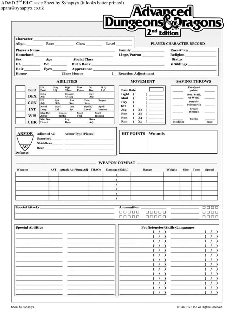 AD&D 2nd edition character sheet by Synaptyx