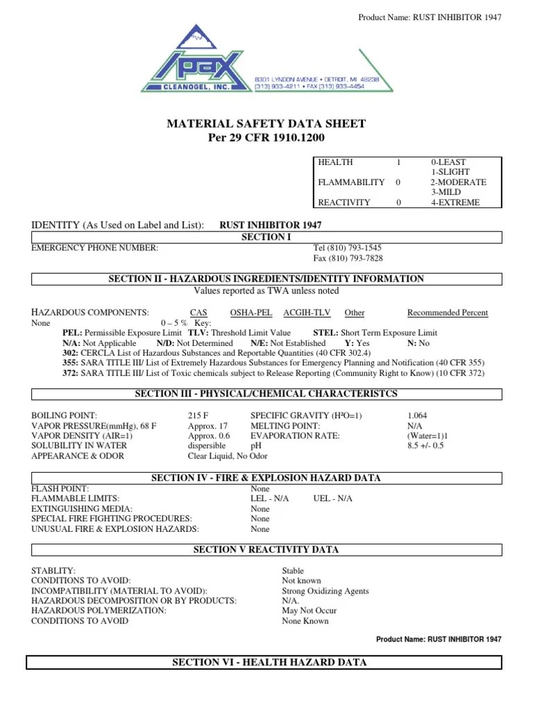 Rust Inhibitor 1947 MSDS PDF Safety Chemistry