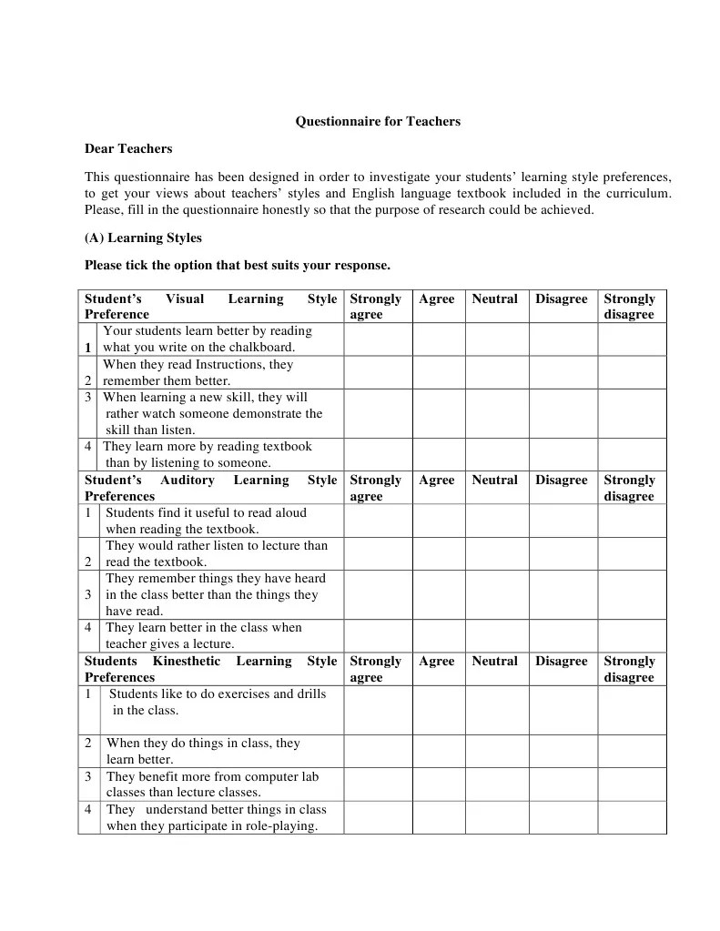 Learning Styles Questionnaire PDF Learning Styles Reading Comprehension