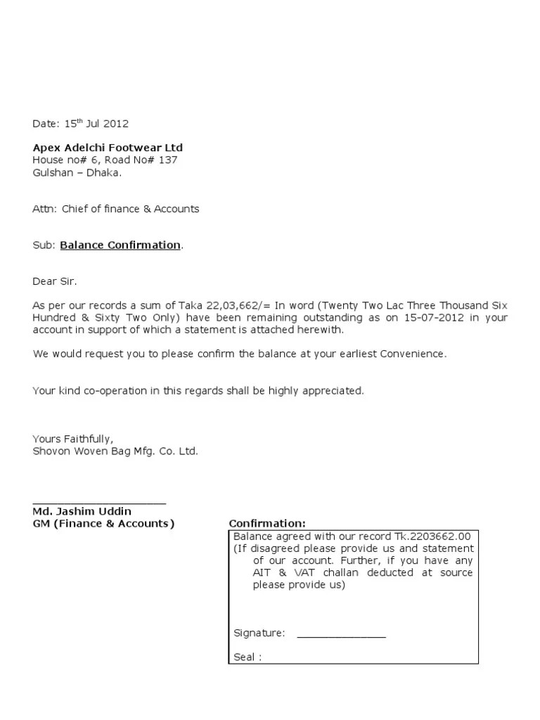 Standard Form to Confirm Account Balance Information with