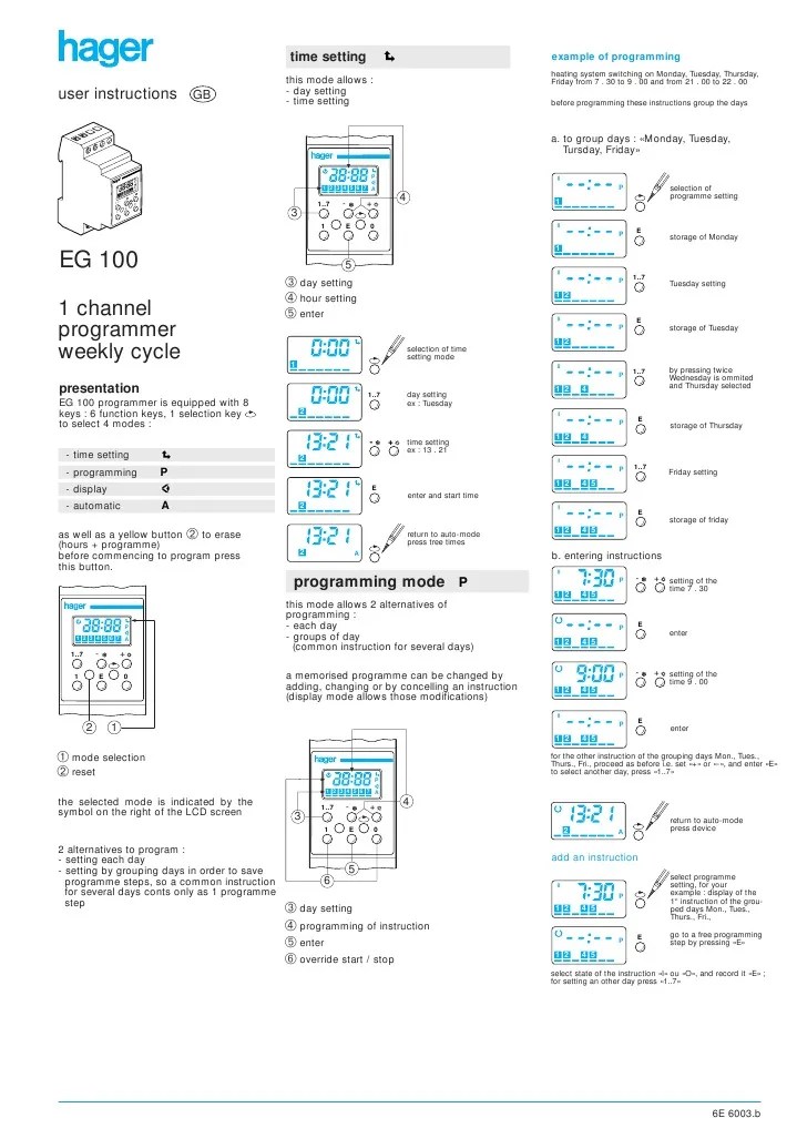Hager EG100 Timer User Manual Computer Engineering Electrical