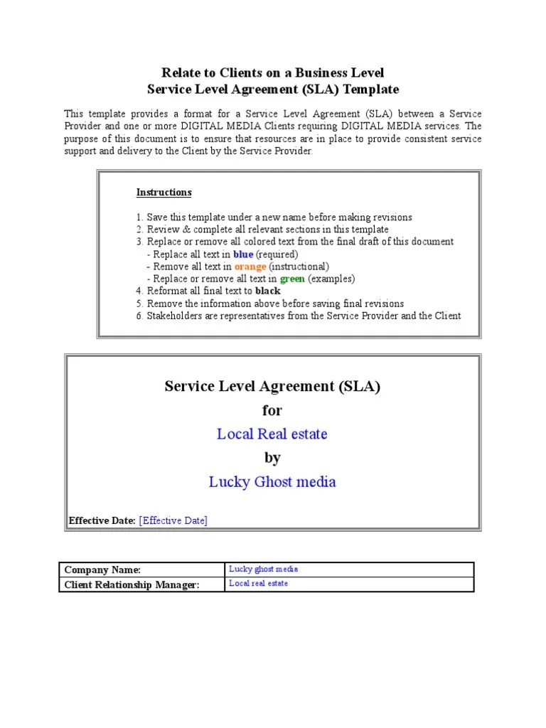 SLA Template PDF Service Level Agreement Websites