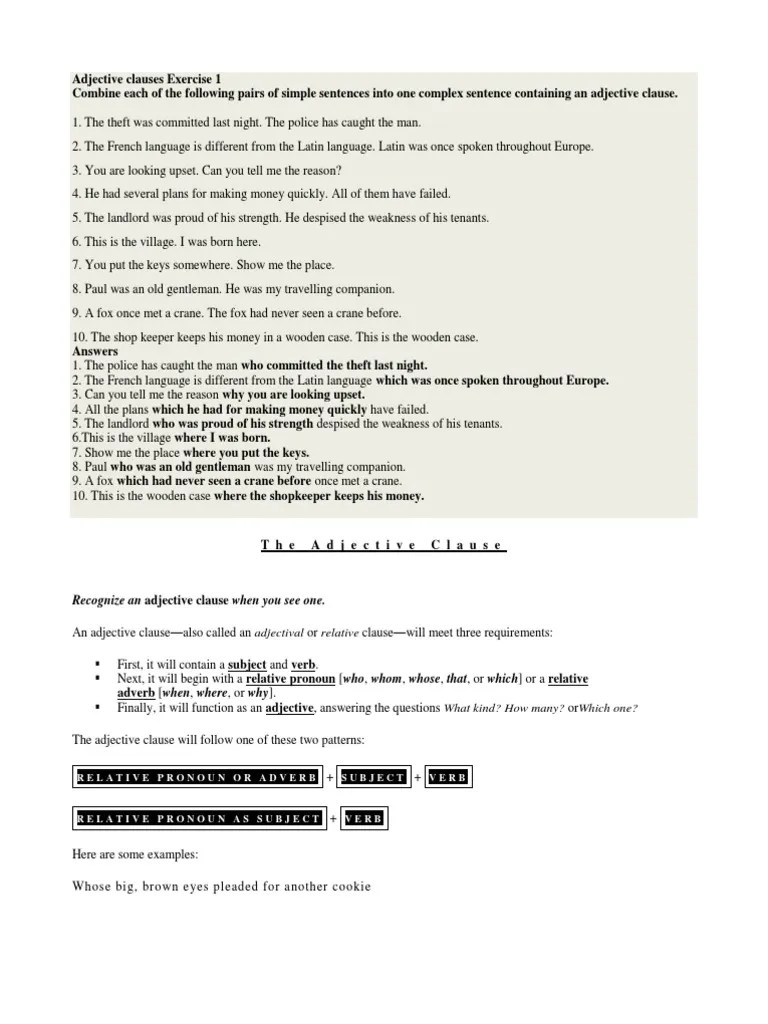 Adjective Clauses Exercise 1 Adjective Adverb