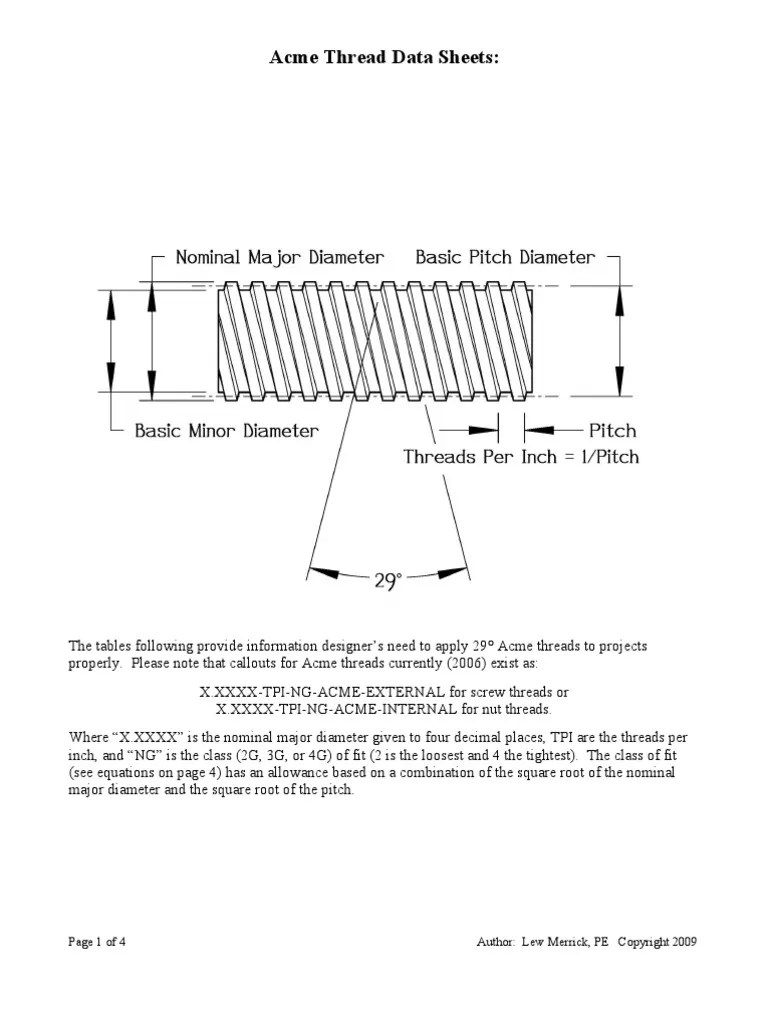Acme Thread Data Sheets Screw Mechanical Engineering