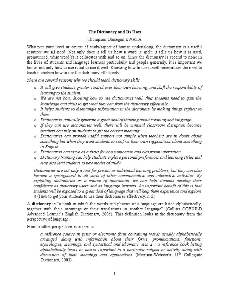 The Dictionary and Its Uses Dictionary Part Of Speech