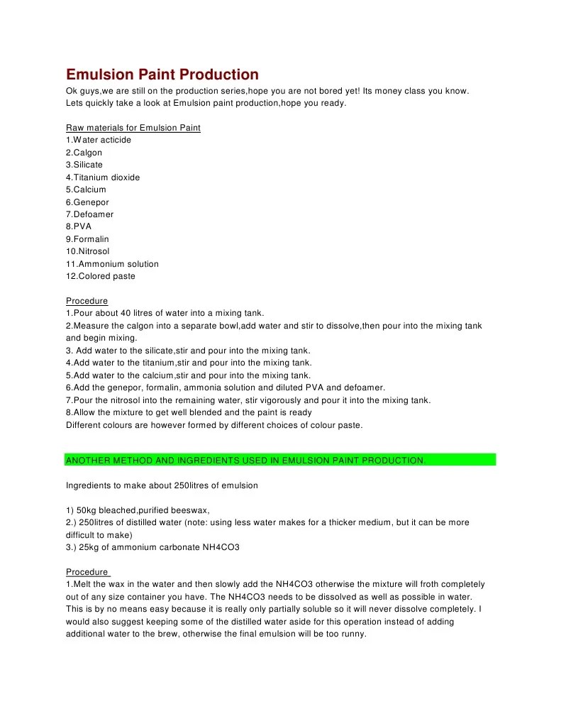 Emulsion Paint Production PDF Paint Mayonnaise