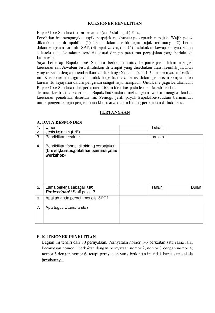 Kuesioner Penelitian 2 | PDF
