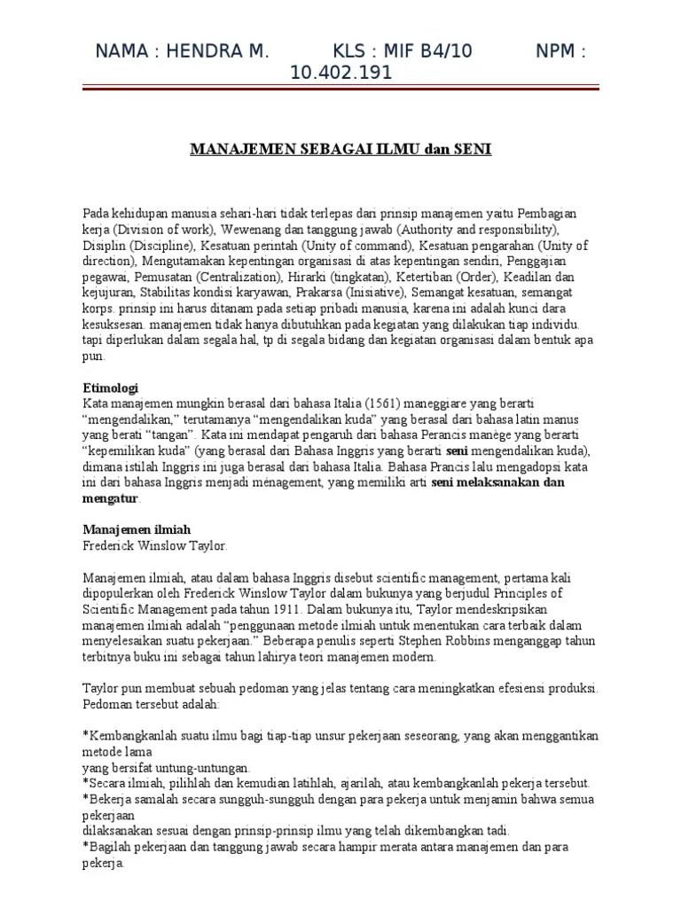 Manajemen Sebagai Ilmu Dan Seni