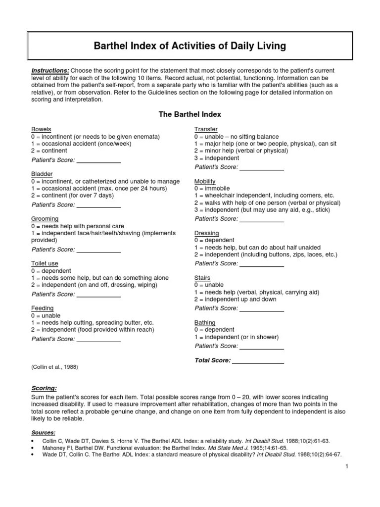 Barthel Index of Activities of Daily Living Alberta Health Services