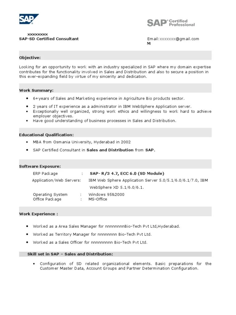 Sap SD Resume | Sap Se | Information Technology