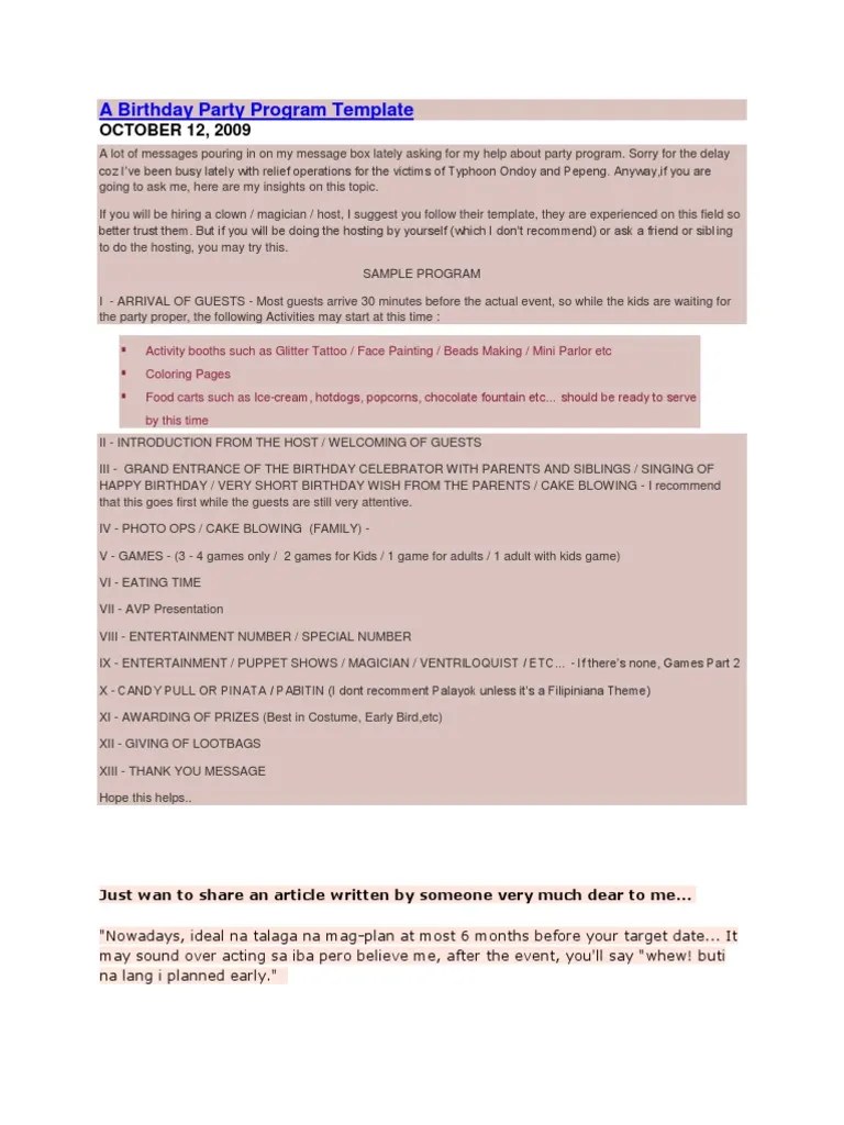 A Birthday Party Program Template