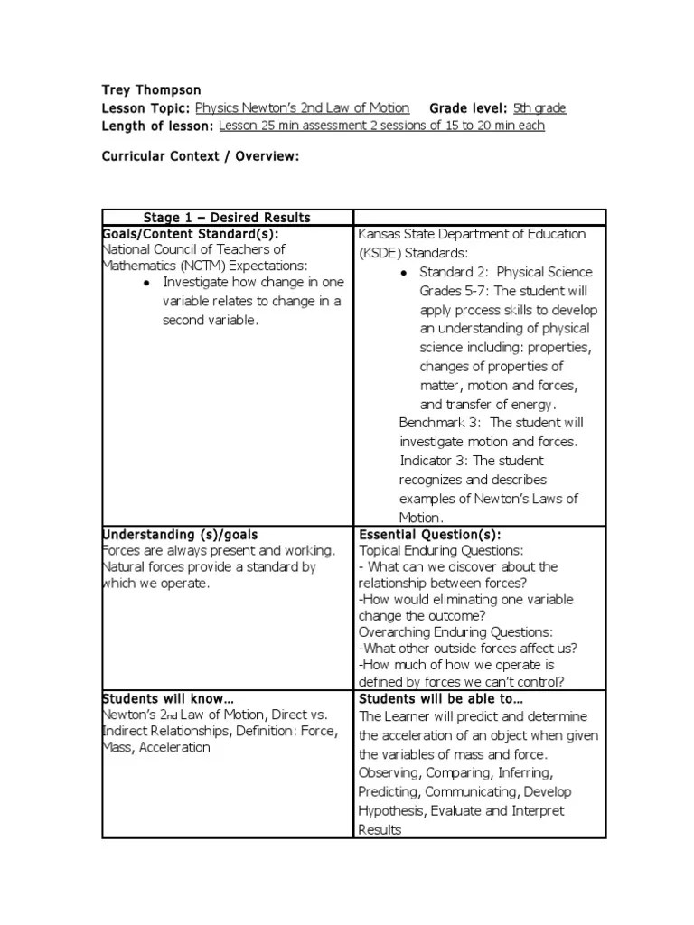 UBD lesson plan.doc Newton's Laws Of Motion Force
