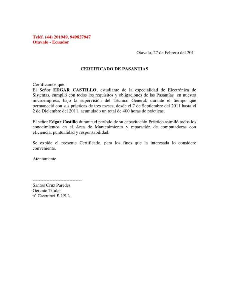 Certificado de Pasantia